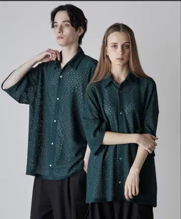 [ CLEL ] 루즈 반팔 레이스 셔츠 다크 그린