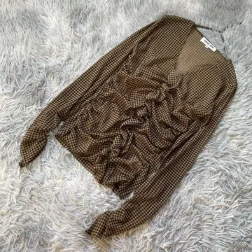 HANAE MORI Deux 하운드투스 개더 블라우스 M 리본 슬리브