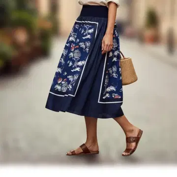 BEARDSLEY 스카프 패턴 스커트 네이비 롱 기장 고급 성숙/러블리