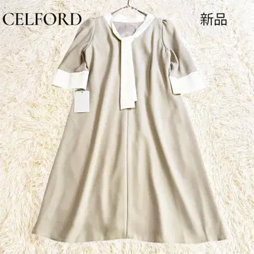 택 포함 새상품 셀포드 무릎 기장 원피스 보타이 바이컬러 베이지