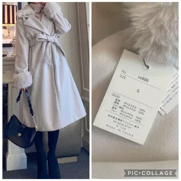 택 포함 새상품 리본 벨트 퍼 가운 코트 S 사이즈 아이보리