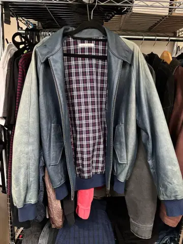 파랑 소가죽 가죽 자켓 L 사이즈 체크 안감