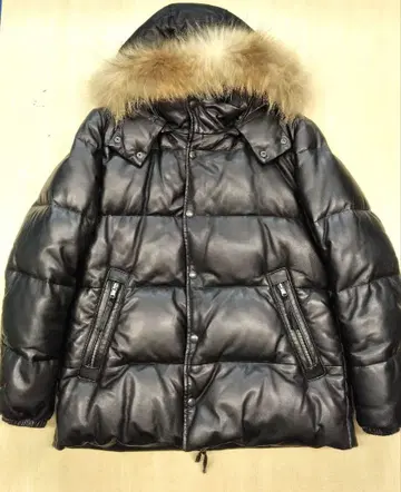 블랙 가죽제품 다운 자켓 후드 부착