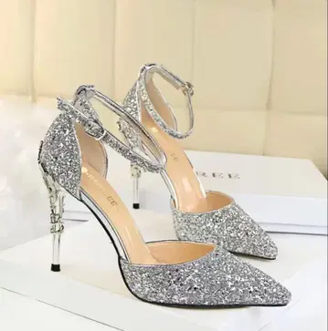 새상품 실버 글리터 앵클 스트랩 하이힐 파티용