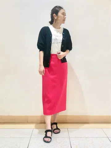 INDIVI 워셔블 린넨 느낌 스트레이트 미디 스커트