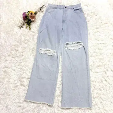 [ SUREVE ] 플레어 데님 데미지 가공 프린지 헴 라이트 블루 L