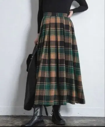 체크 무늬 플레어 롱 스커트 그린 S fifth
