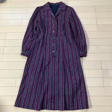 11.5 쇼와 레트로 꽃무늬 스트라이프 셔츠 원피스 퍼플 9 빈티지