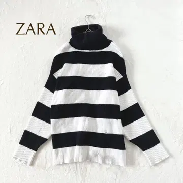 자라 (S) 보더 터틀넥 니트 굵은 리브 루즈핏 올 패턴 모노톤