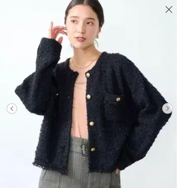 그린 라벨 릴랙싱 프린지 트위드 노카라 가디건