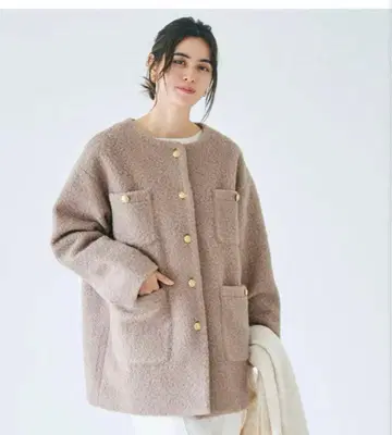 coca 푸들 보아 금장 버튼 노카라 코트 다크 베이지