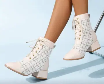 트위드 체크 청키힐 부츠 레이스업 가을/겨울 화이트 화이트