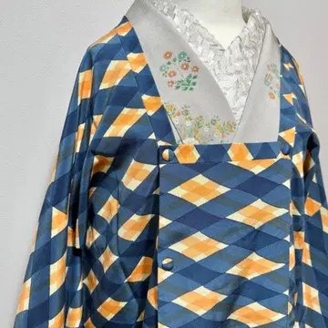 도진 코트 기모노 겉옷 체크 블루 오렌지 격자