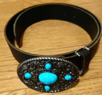 Lee 터콰이즈 스톤 버클 블랙 천연 가죽 가죽 벨트