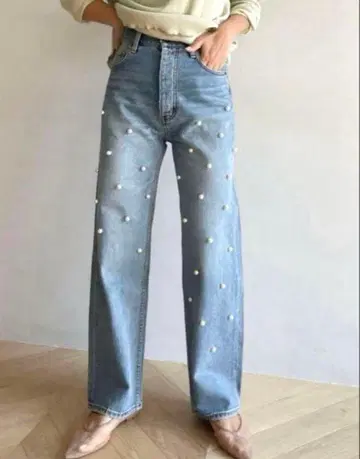 펄 장식 데님 팬츠 라이트 블루 시루무린