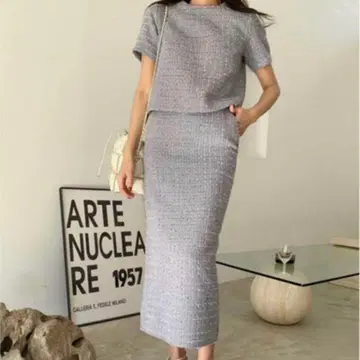 벌스데이 바쉬 트위드 셋업 타이트 스커트 슬릿 반팔 M