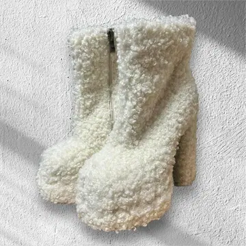 페이크 시어링 푸들 퍼 화이트 청키힐 통굽 36