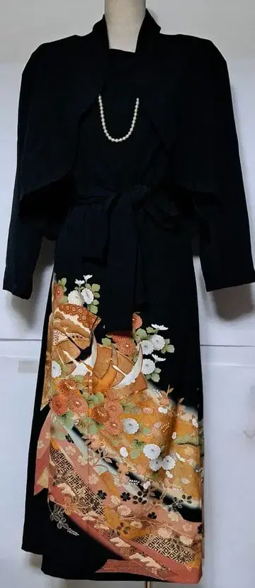 블랙 전통 예복 기모노 리메이크 롱 드레스 꽃무늬 자수 리본 포함