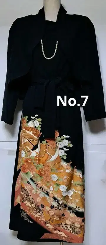 블랙 전통 예복 기모노 리메이크 롱 드레스 꽃무늬 자수 리본 포함