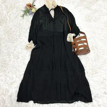 스타일 델리 시어 원피스 롱 9부 소매 블랙 A라인 프릴 루즈핏 M