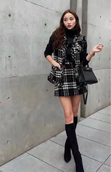 sheller Jewel 트위드 프린지 베스트 큐롯 셋업