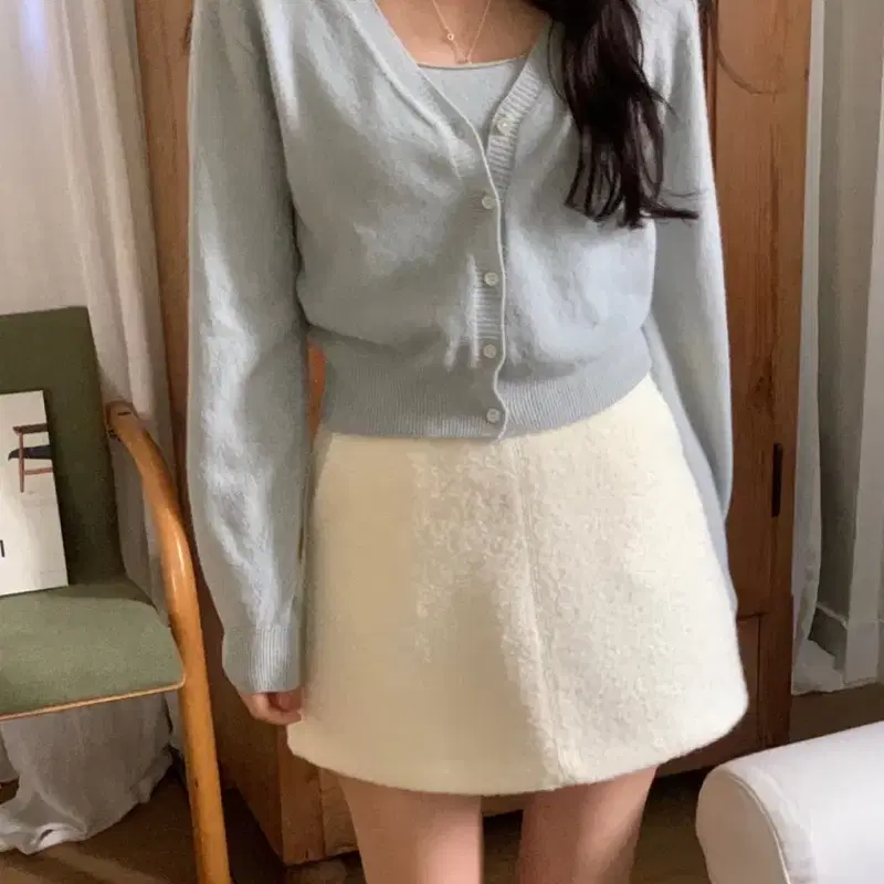 피터앤웬디 파인울 홀가먼트 나시 가디건 세트 소라 새상품