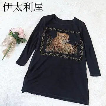 [ 이타리야 ] 긴팔 스웨터 표범 애니멀 블랙 튜닉 루즈핏