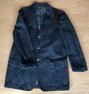 데님 자켓 코튼 100% 체크 안감 가죽 장식 일본제