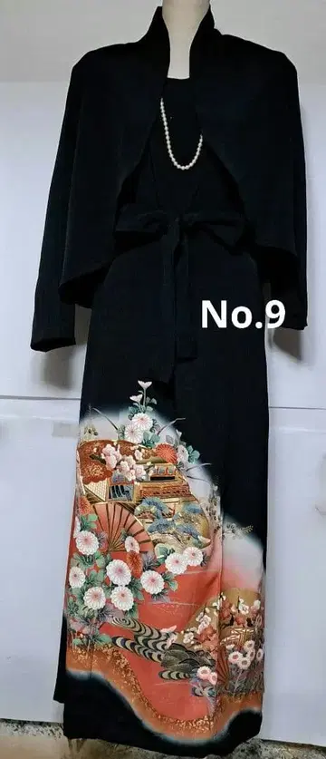 블랙 전통 예복 기모노 리메이크 볼레로 포함 롱 드레스 꽃무늬 자수