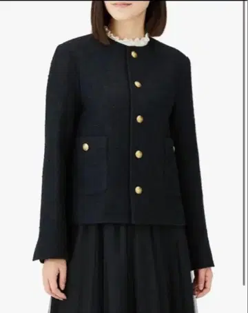 Mila Owen 미라 오웬 트위드 노카라 자켓 골드 버튼 네이비