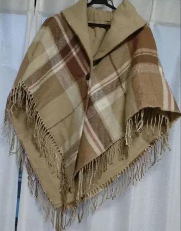 체크 무늬 프린지 판초 스톨 / 리버서블