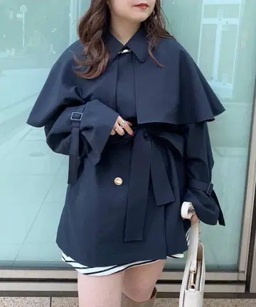 NICE CLAUP 케이프 포함 멀티 미들 트렌치코트 네이비
