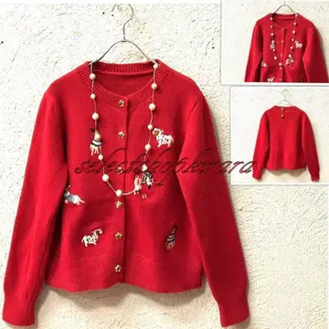 2025 신상 부드러운 강아지 자수 니트 가디건 F/빨간색