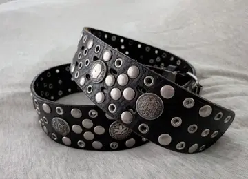 빈티지 천연 가죽 스터드 벨트 코인 아메카지 블랙