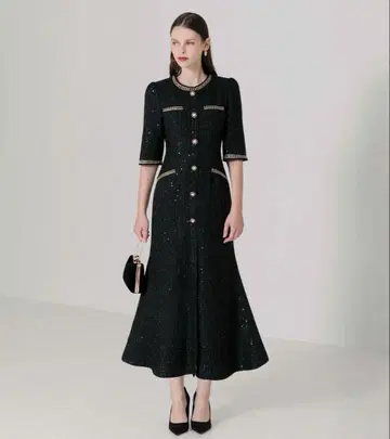 Leja 라메 혼방 트위드 가죽 파이핑 펄 드레스 블랙