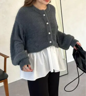 2way 펄 단추 샤기 페플럼 가디건 그레이 차콜