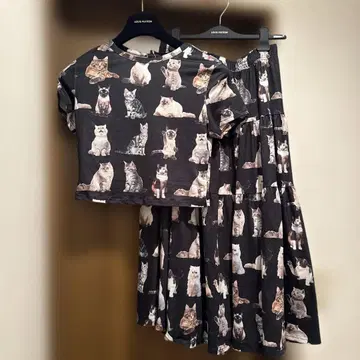 고양이 프린트 크롭 T셔츠 & 캉캉 스커트 셋업 L