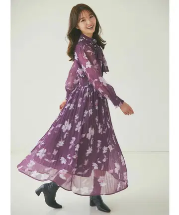 새상품 2WAY 보타이 리본 포함 플라워 프린트 셔링 플리츠 원피스