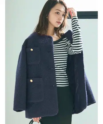 푸들 금장 버튼 노카라 코트 레이디 coca 네이비