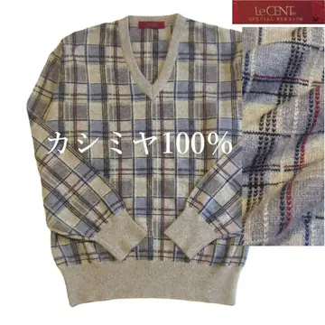 극미품 LeCENT 두툼한 캐시미어 100% V넥 스웨터 체크 무늬 M