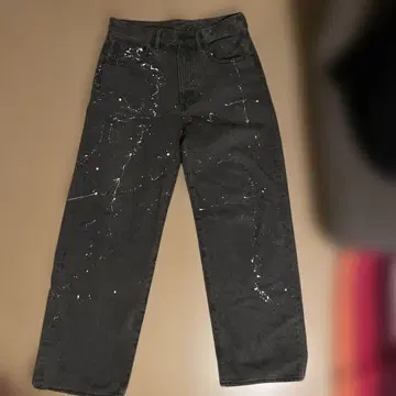 블랙 데님 와이드 레그 팬츠 페인트 스플래터