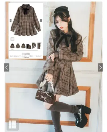 GRL 리본 포함 셔츠 도킹 체크 무늬 플리츠 미니 원피스