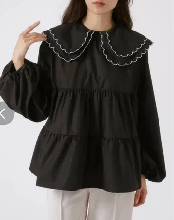 더블 프릴 빅 칼라 A 라인 블라우스 블랙