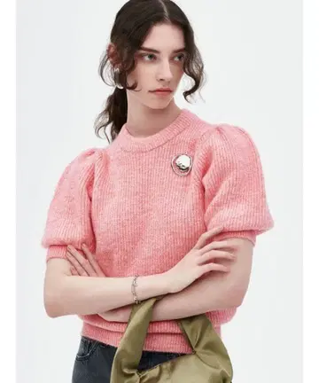 Mila Owen 샤기 퍼프 슬리브 니트 풀오버 핑크 5부 소매