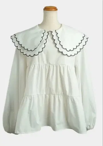 더블 프릴 빅 칼라 A 라인 블라우스 화이트