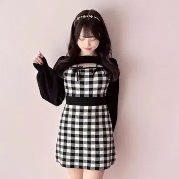 evelyn 리본 체크 타이트 OP 블랙