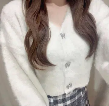 anmille 리본 비쥬 복슬복슬 가디건 가디건 리본 화이트