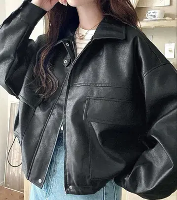 moment+ 2WAY 칼라 숏 기장 인조 가죽 블루종 가죽 자켓