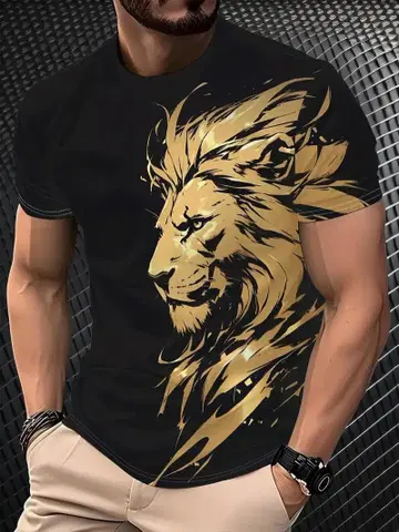 [ 미사용 새상품 ] 라이온 디자인 남성용 T셔츠 XL 블랙 x 골드