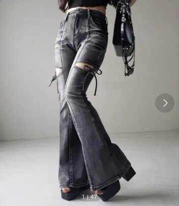 me+em select 컷 아웃 리본 빈티지 스트레치 플레어 데님